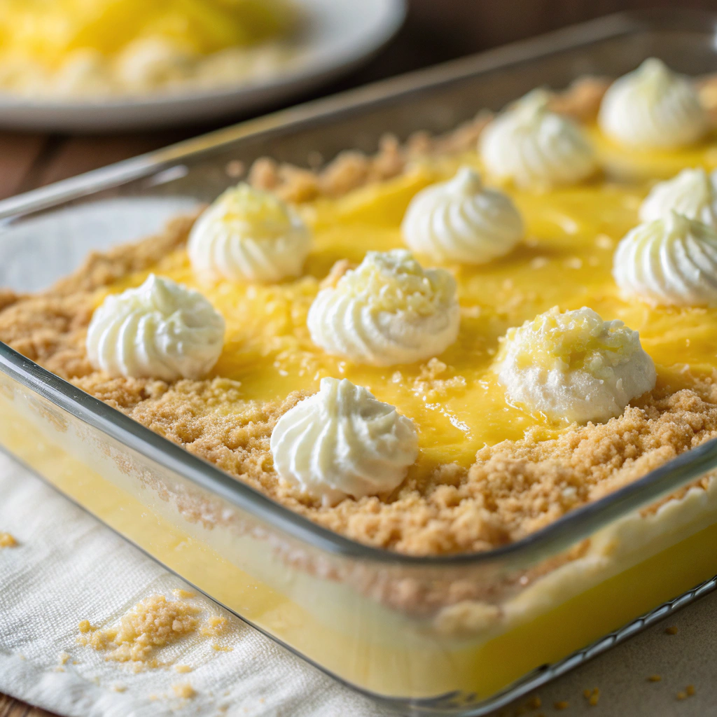 lemon cream cheese dump cake; layered lemon pie filling topped with yellow cake mix and dollops of creamy cheese in the baking dish