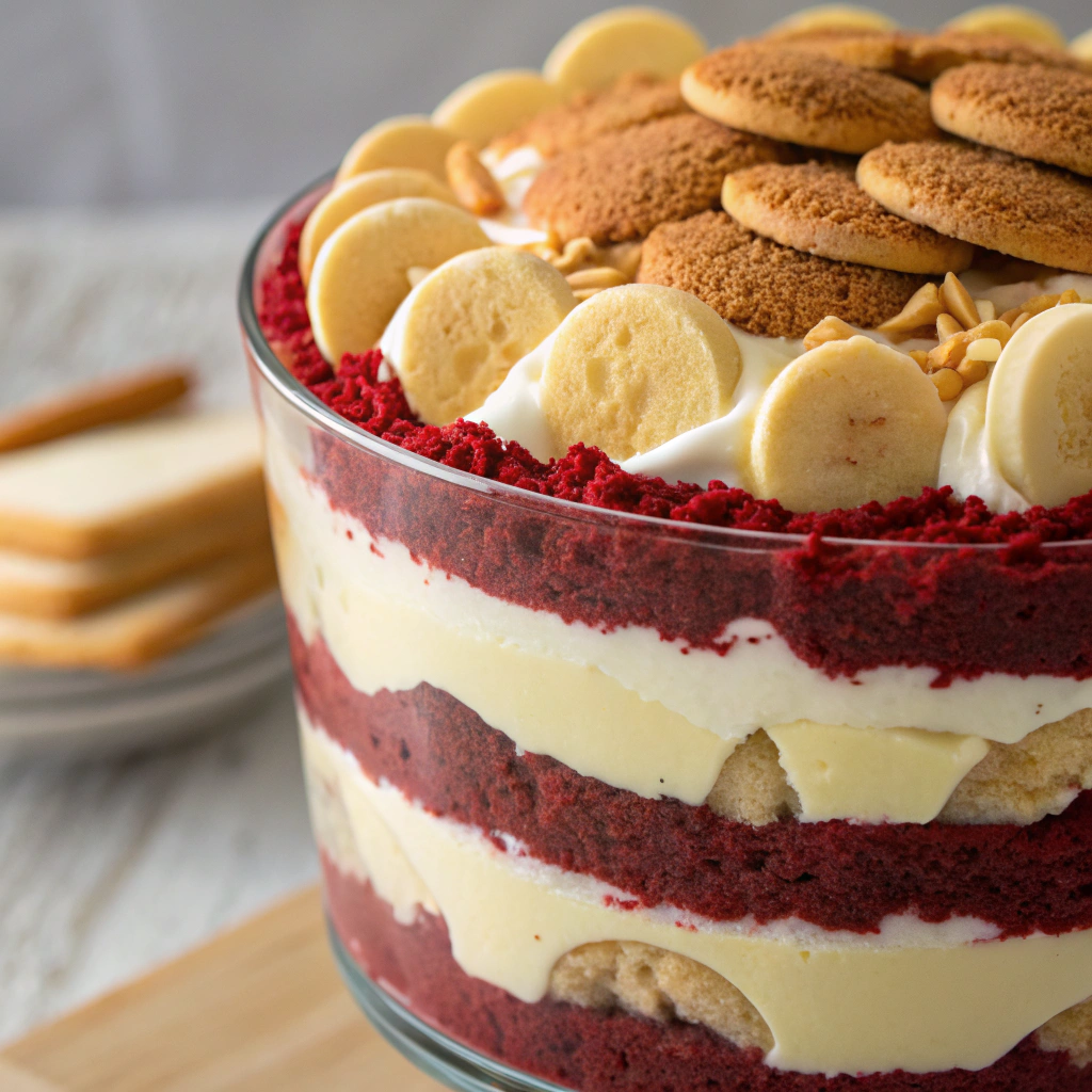 layers of red velvet cake, banana pudding, and Nilla wafers neatly arranged in a trifle dish