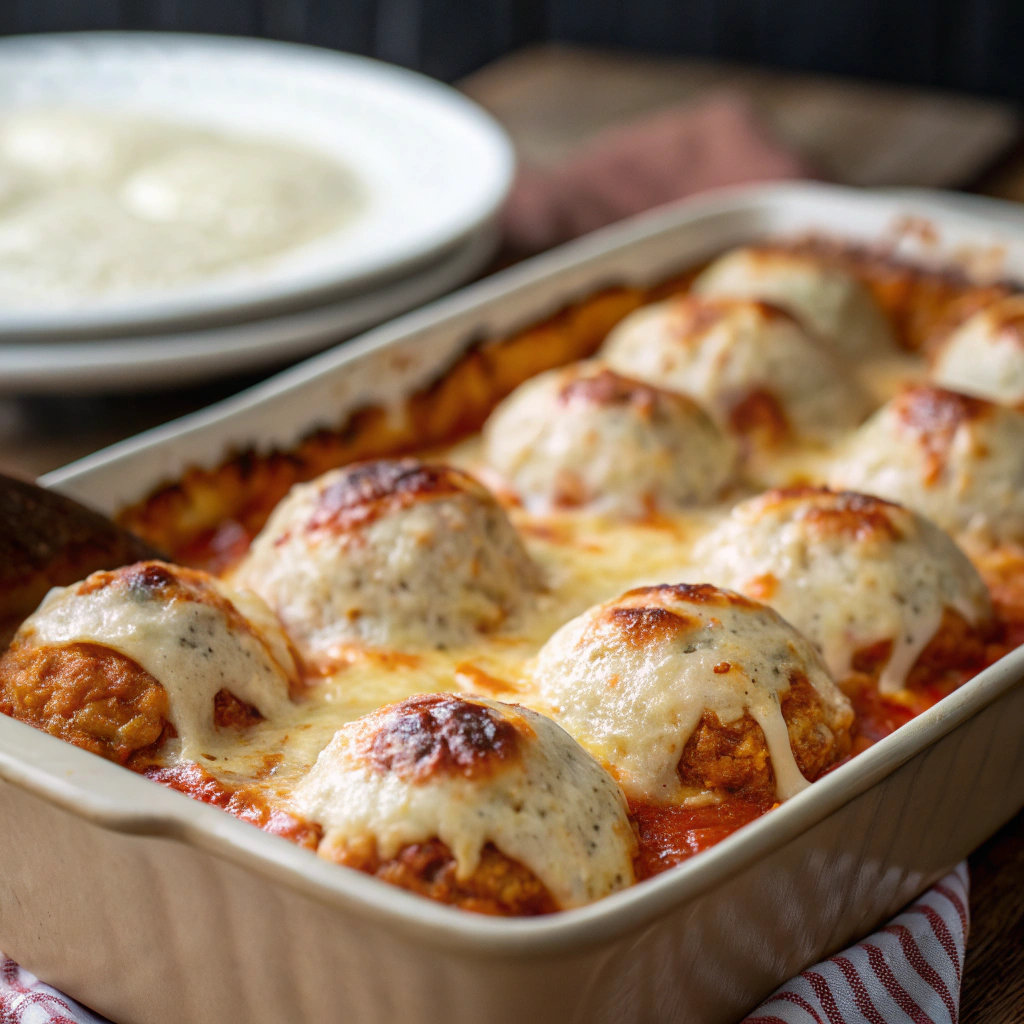 layers of sicilian rice ball casserole assembled in a baking dish, topped with melted mozzarella cheese and baked to golden perfection