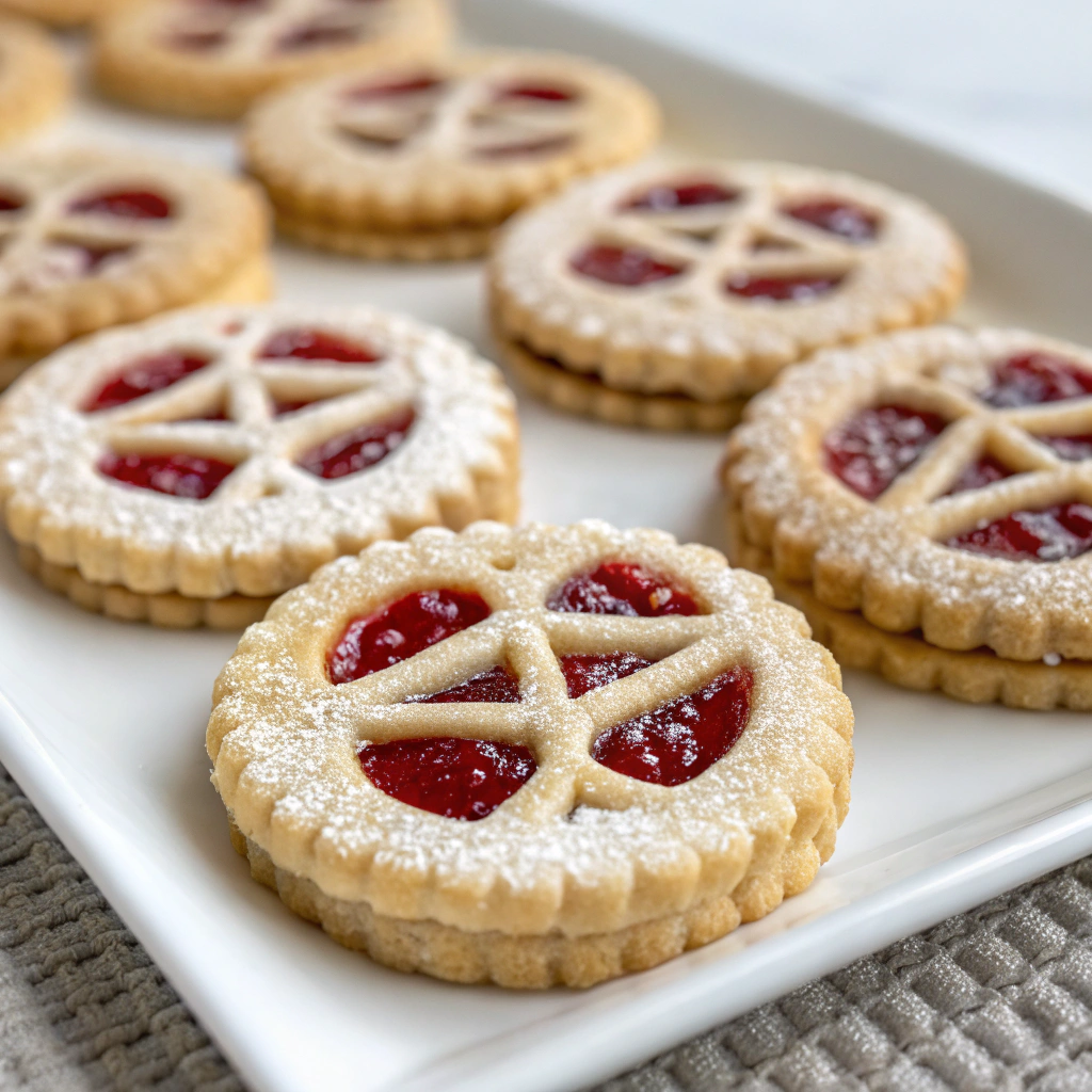 linzer tart cookies arranged on a white serving platter with raspberry jam filling