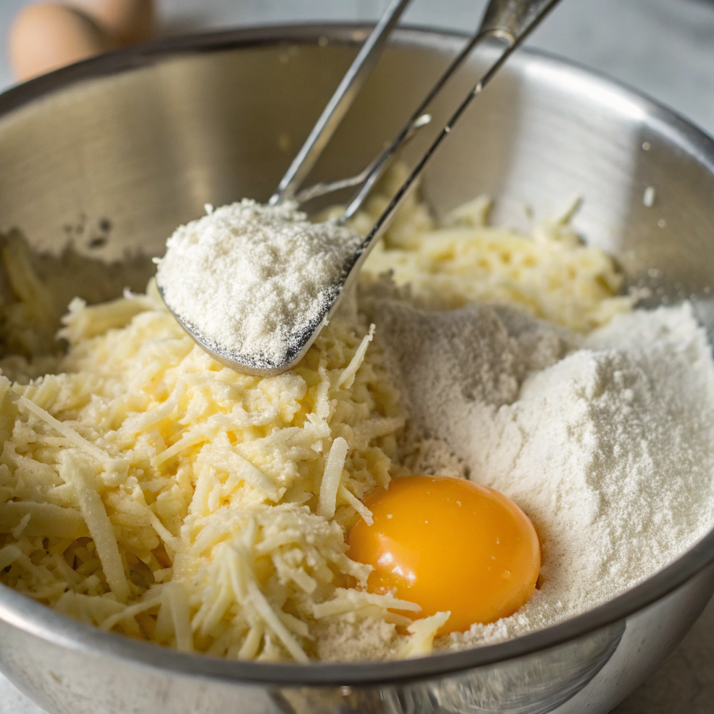 mixing bowl with shredded potatoes, corn starch, garlic powder, egg, and Parmesan cheese being combined