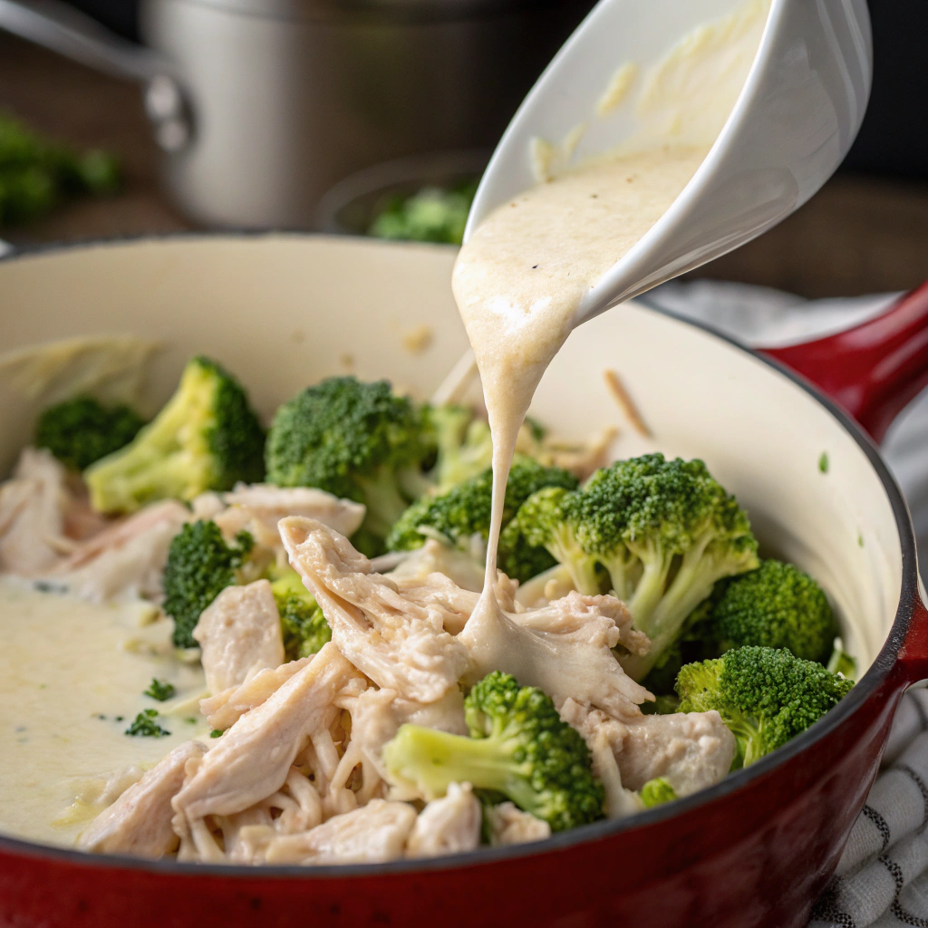 mixing shredded chicken and broccoli florets into the Alfredo sauce for casserole