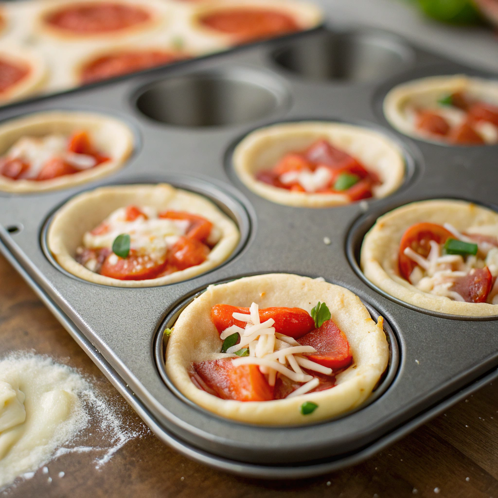 Pizza bites arranged neatly in a muffin tin, ready to be baked in the oven until golden brown