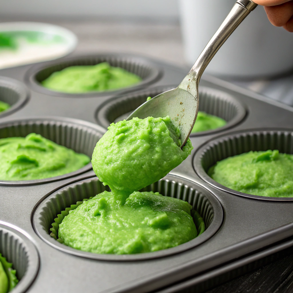 prepared muffin batter being scooped into lined muffin tins, showcasing the vibrant green color