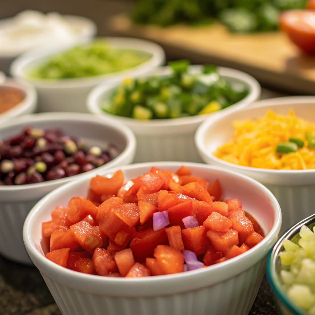 preparing ingredients for taco soup frios recipe, including diced tomatoes and vegetables in bowls