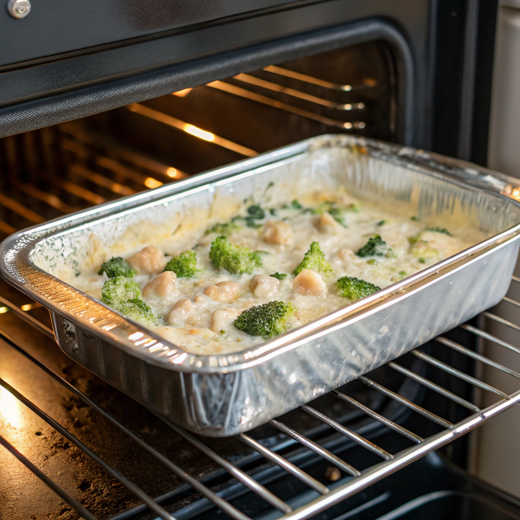 preparing the oven and greased baking dish for chicken broccoli alfredo casserole