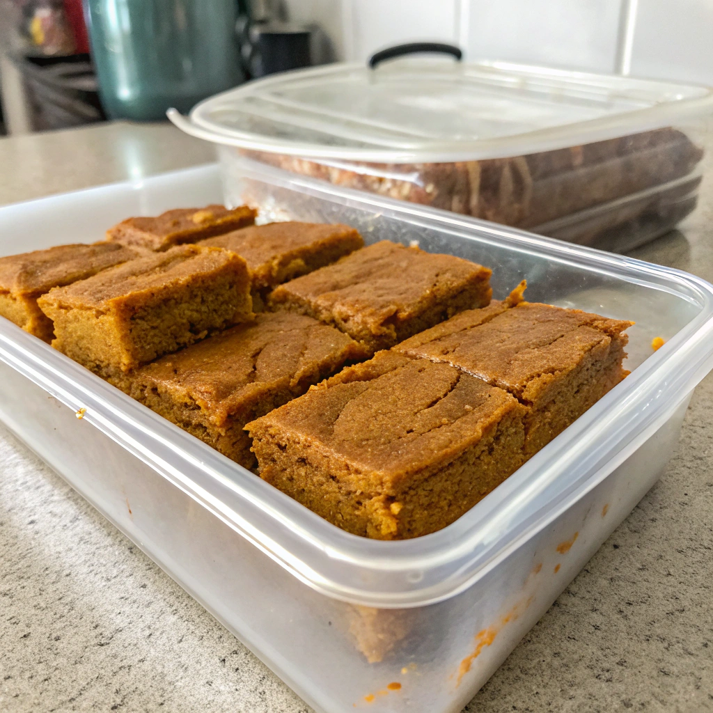 pumpkin bars stored in an airtight container on a kitchen counter, maintaining their freshness and appearance