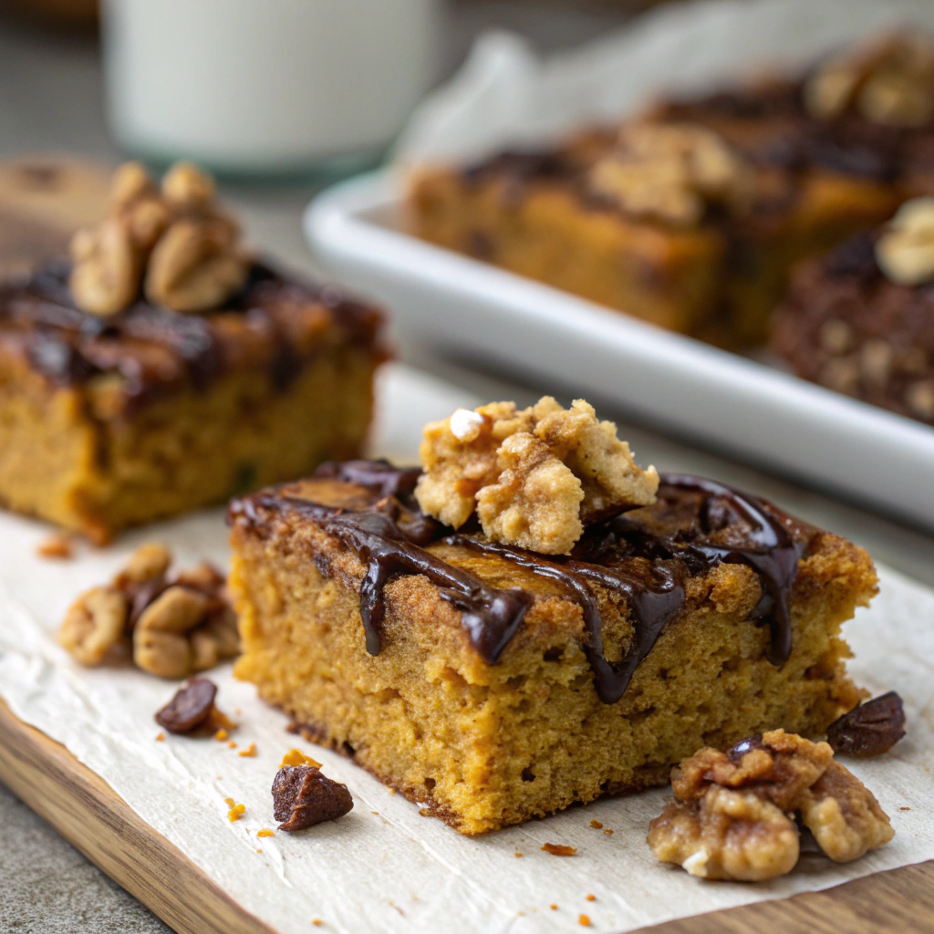 pumpkin bars with added walnuts and a drizzle of chocolate on top, showcasing the added textures and flavors