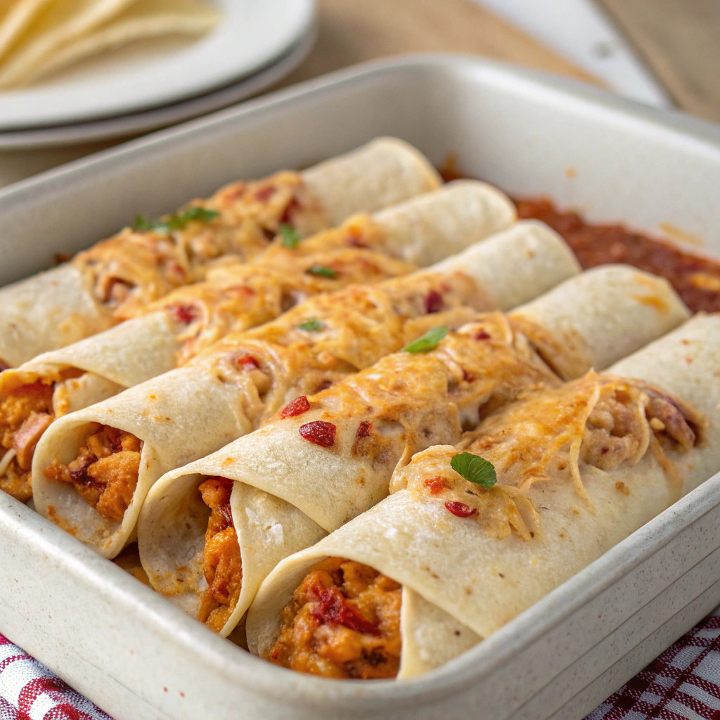 rolled tortillas filled with cheesy chicken mixture arranged in a baking dish