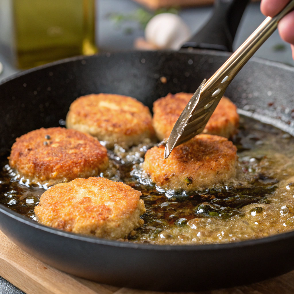 Salmon croquettes being carefully placed into a skillet with sizzling vegetable oil, highlighting their crispy exterior and the dynamic cooking process.