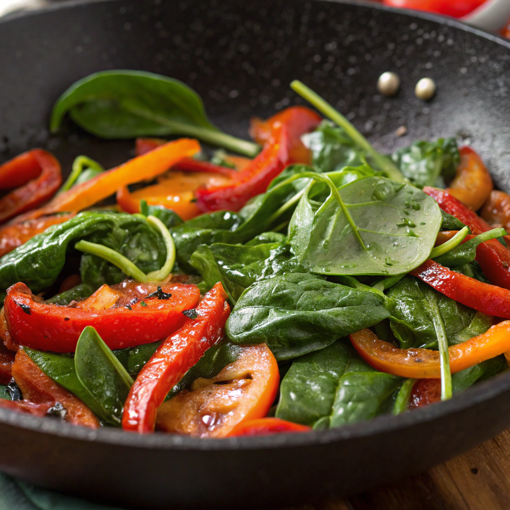 healthy egg bites recipe; sautéed vegetables in a nonstick skillet with fresh spinach and roasted red peppers