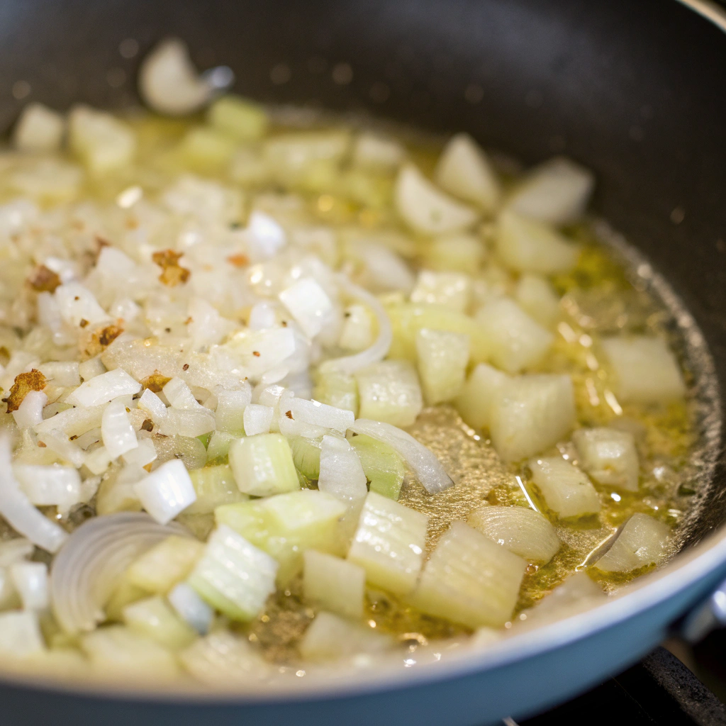 sautéingdicedonionsandmincedgarlicinbutterforchickenbroccolialfredocasserole