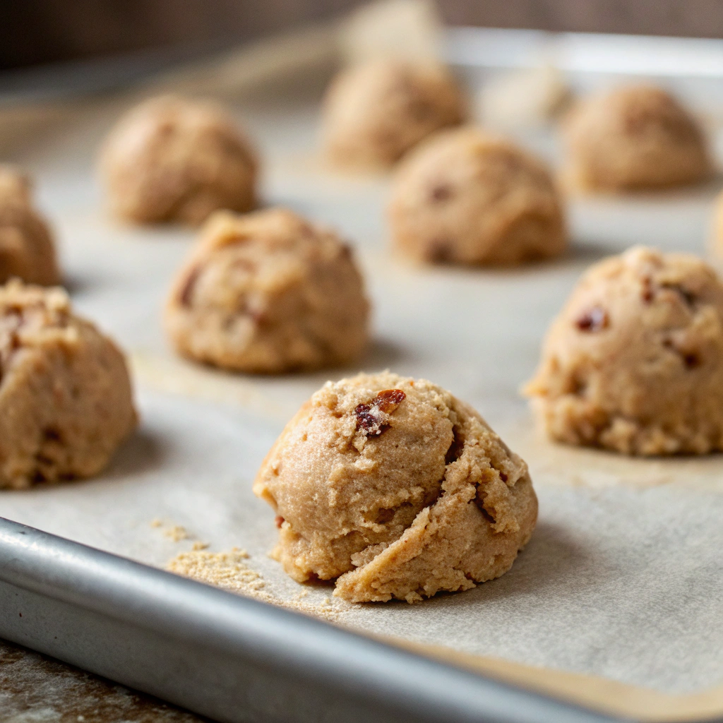 shaping and baking cinnamon toast crunch cookies, showing cookie dough balls placed on a parchment-lined baking sheet, ready to be baked in the oven