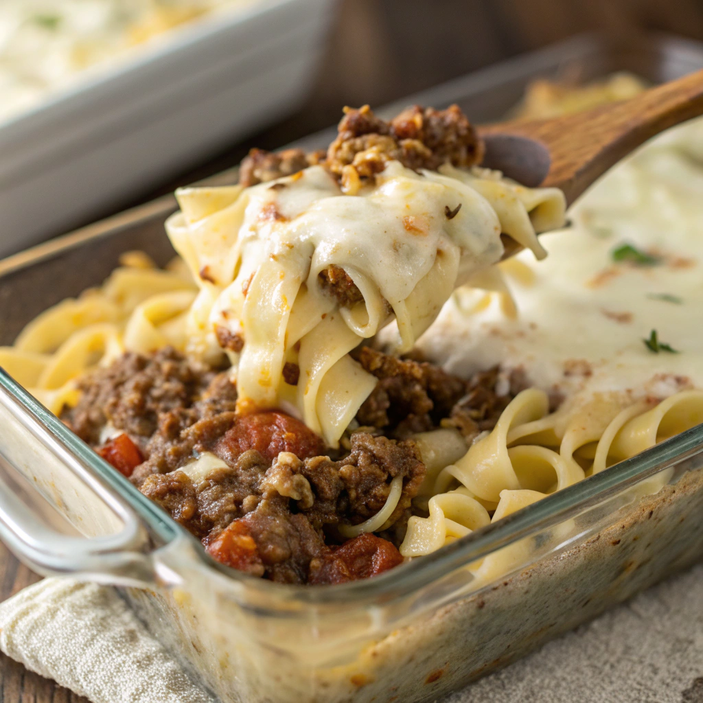 sour cream beef noodle casserole being layered in a baking dish with creamy noodles and savory beef sauce, topped with melted cheese