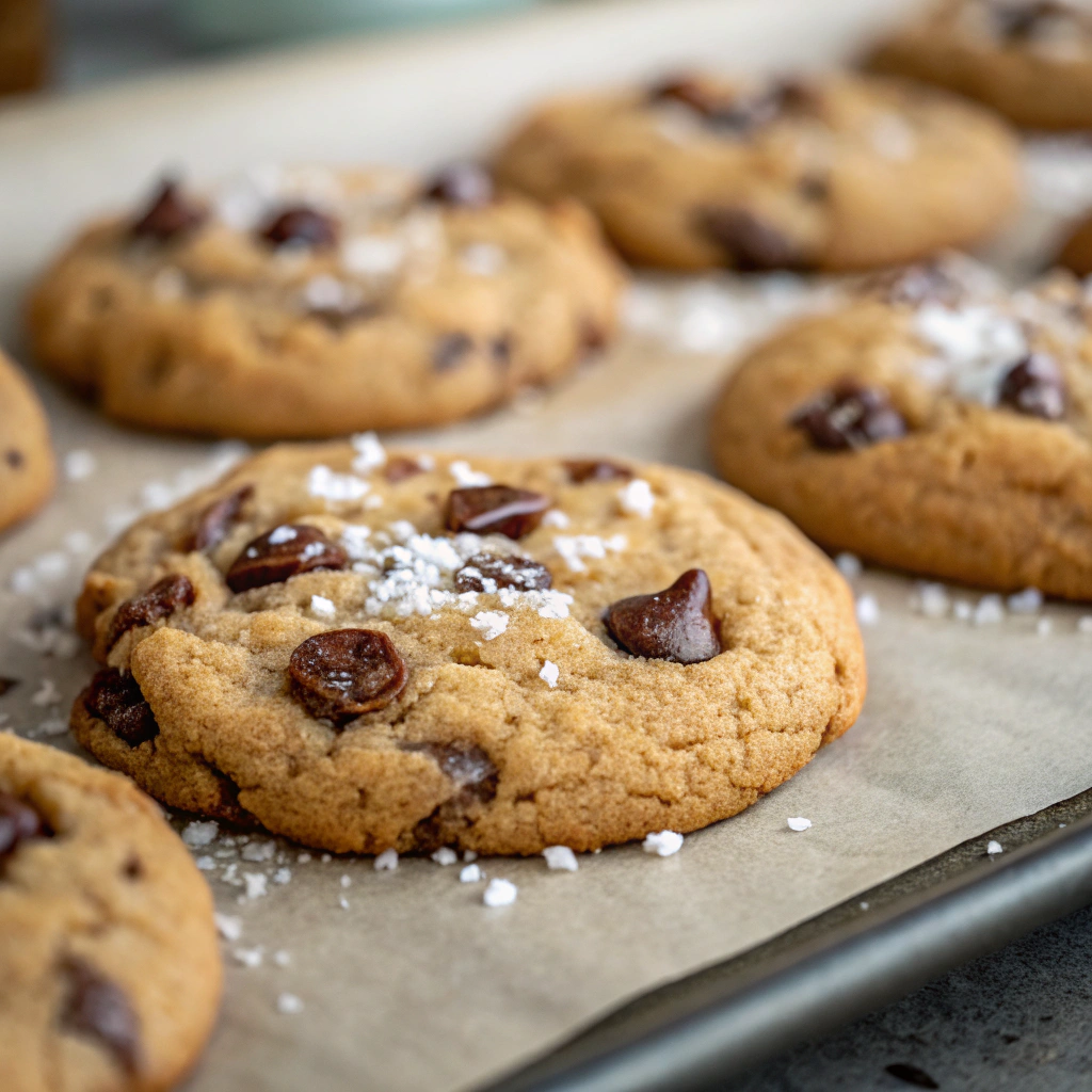 sourdough discard chocolate chip cookies topped with flaked sea salt before baking, showing their golden edges