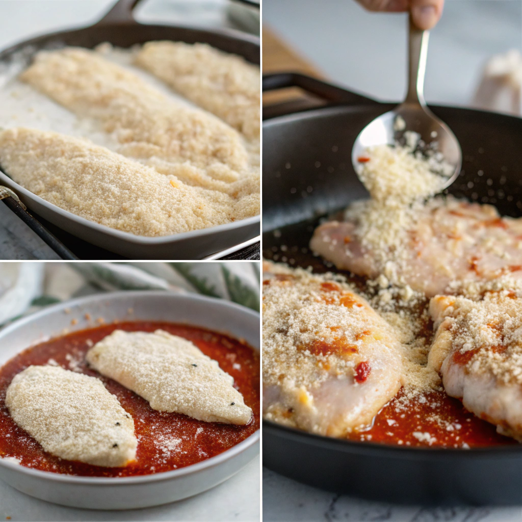 best chicken parm recipe; step by step process of breading and cooking chicken parmesan showing the chicken being coated with breadcrumbs frying in a skillet and being placed i