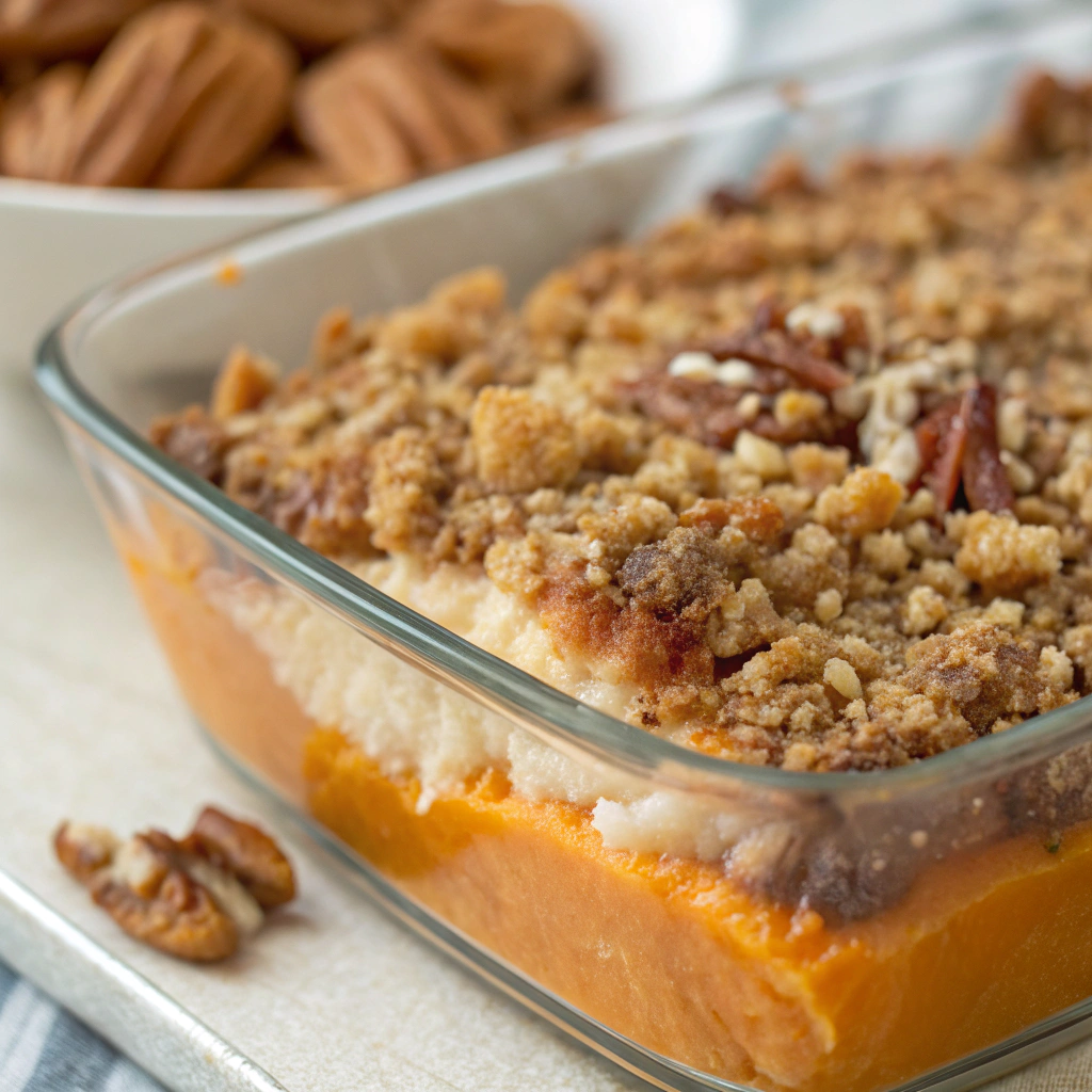 sweet potato casserole with pecan topping showing the process of layering the buttery pecan streusel evenly over the creamy sweet potato filling