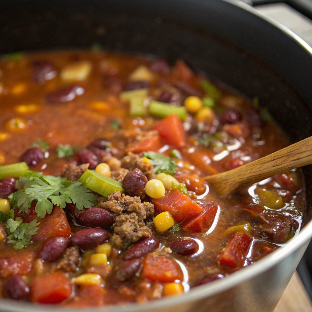 taco soup frios recipe simmering in a pot with seasoned ingredients and broth