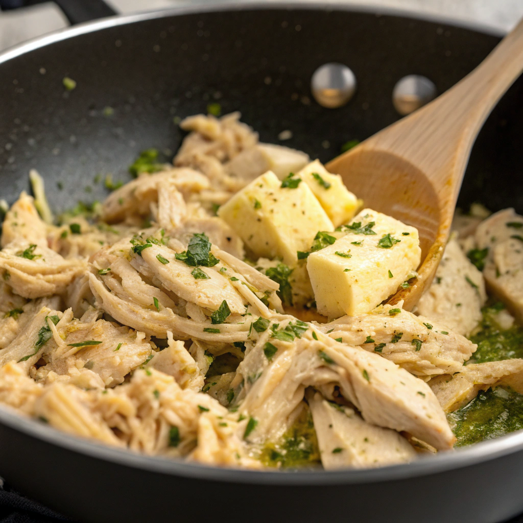 tender shredded chicken being mixed with garlic butter and Italian seasoning in a skillet