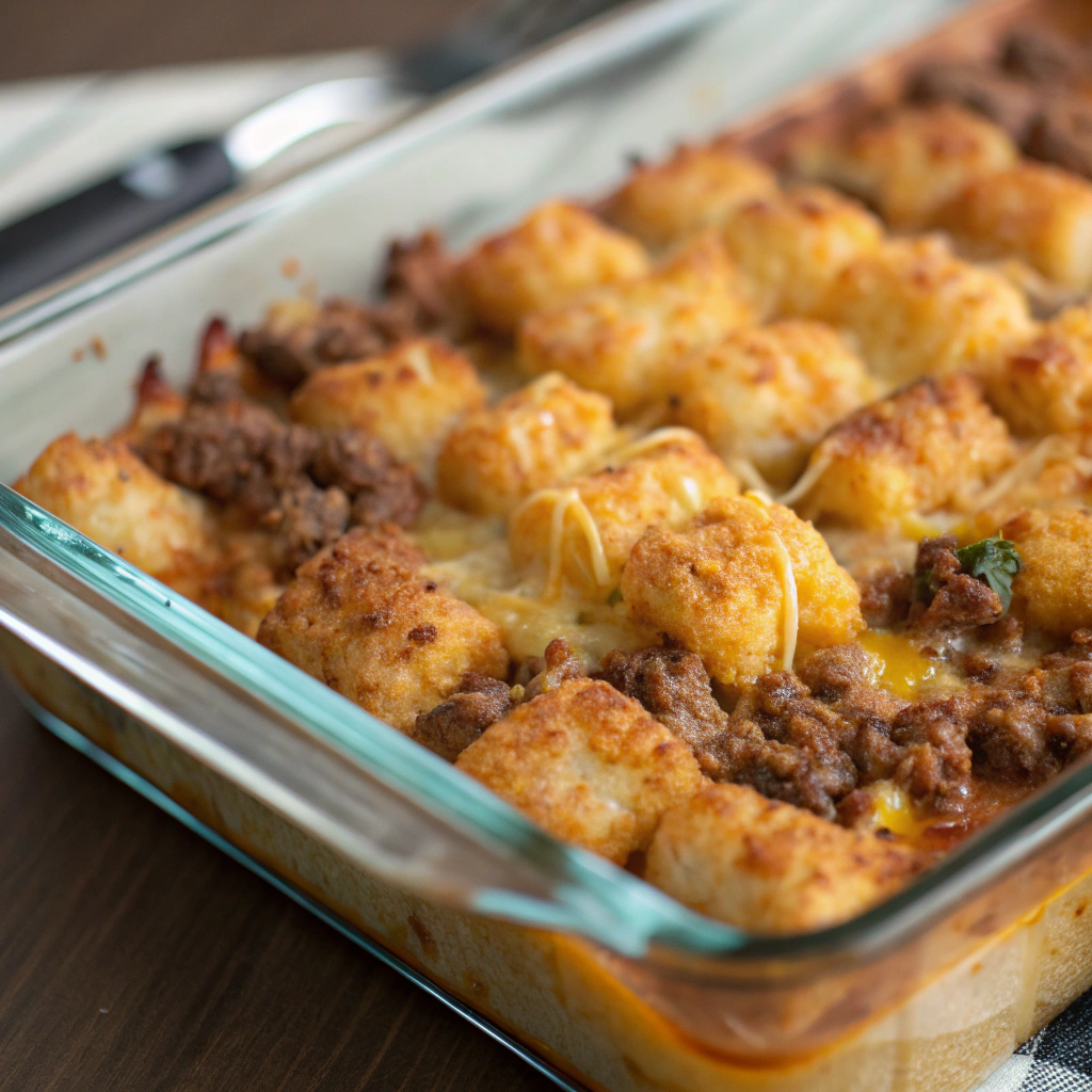 the assembled tater tot casserole with ground beef in a baking dish, showcasing the layers of beef, tater tots, and melted cheese