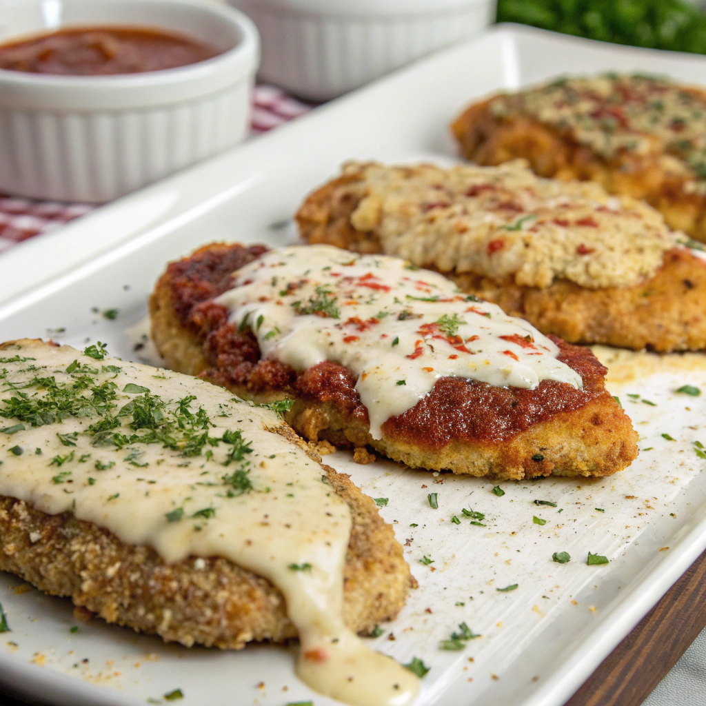 variations of chicken parmesan, including different cheeses and breadcrumb alternatives, displayed with assorted toppings and seasonings