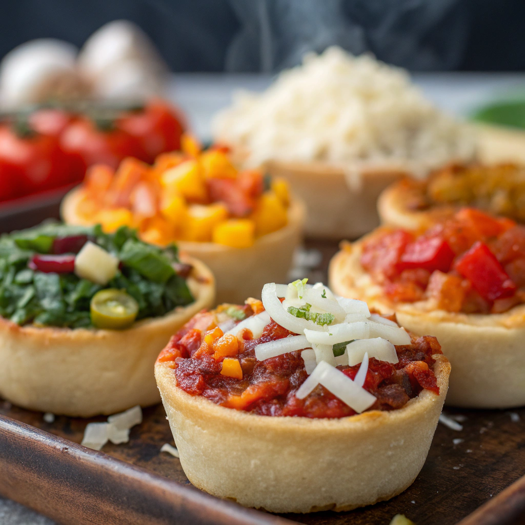 Various creative fillings for pizza bites, including vegetables, different cheeses, spicy ingredients, and sweet options, showcasing diverse possibilities