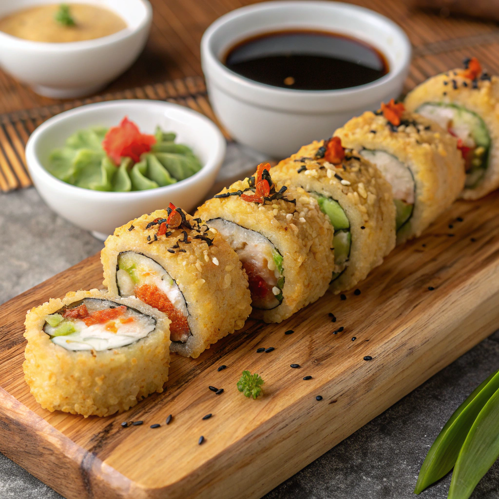 various sweet potato tempura rolls with different dipping sauces and garnishes arranged on a wooden serving board