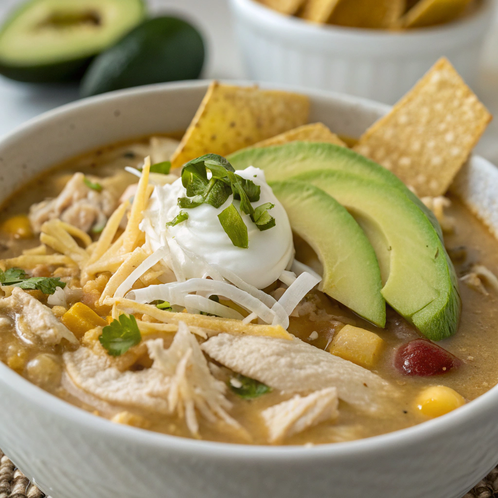 white chicken chili served in bowls with various toppings like cheese, sour cream, avocado, and tortilla chips