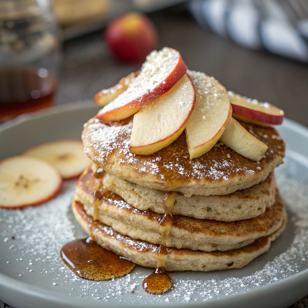 a beautifully plated stack of oatmeal apple pancakes garnished with fresh apple slices, a drizzle of maple syrup, and a sprinkling of powdered sugar