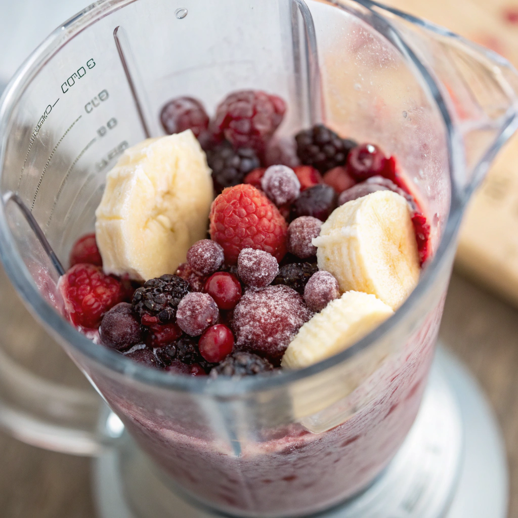 very berry smoothie bowl; a blender filled with a mixture of frozen berries and banana illustrating the proper blending technique to achieve a smooth and creamy very berry smoo