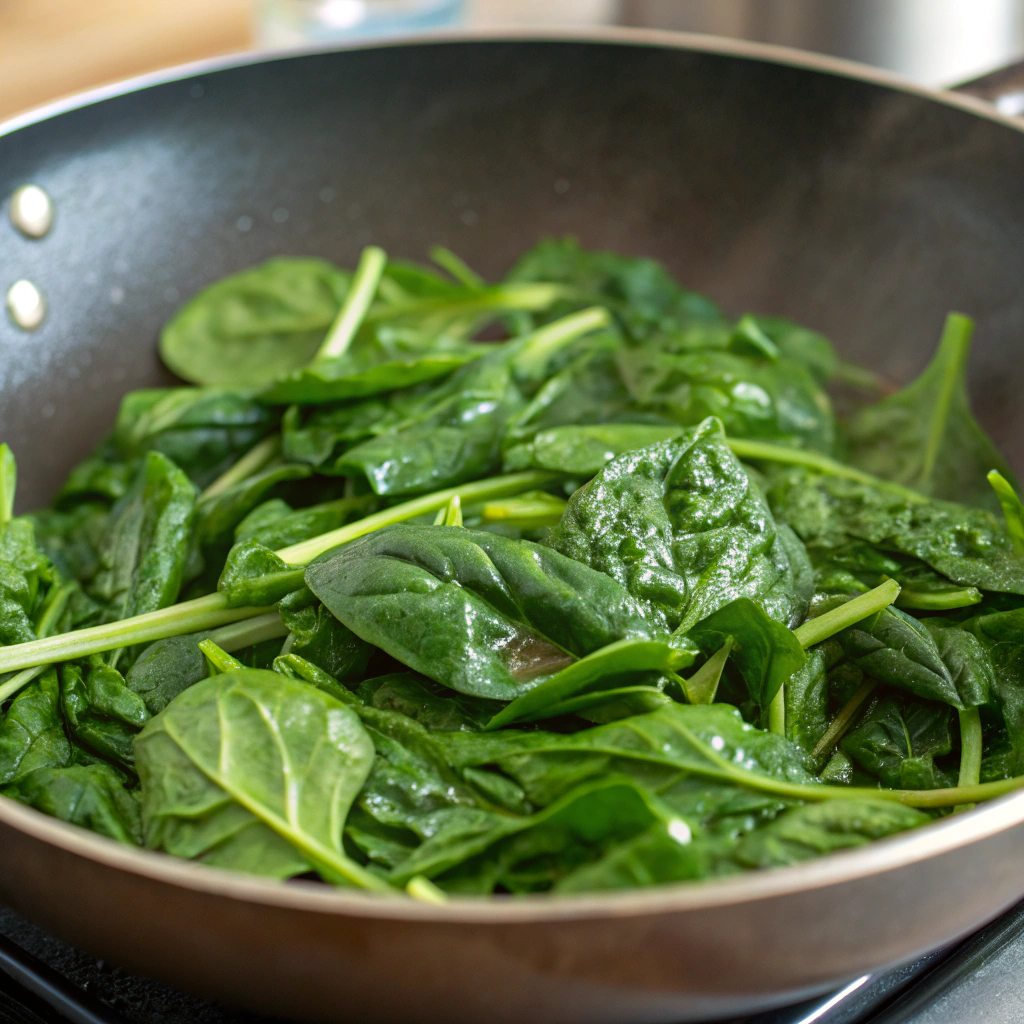 spinach feta patties; a bowl of fresh chopped spinach being sautéed in a skillet highlighting the vibrant green color