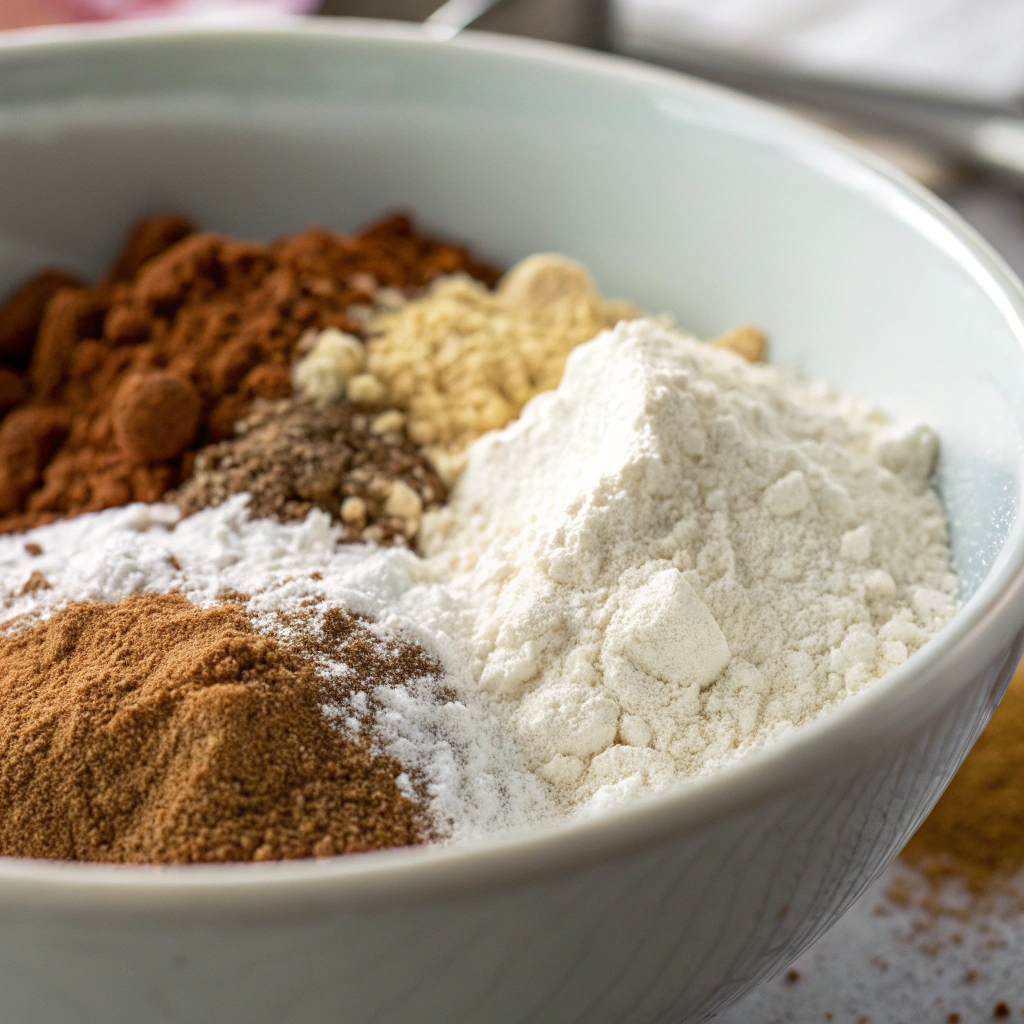 a bowl of mixed dry ingredients including all-purpose flour, baking soda, baking powder, salt, and warm spices