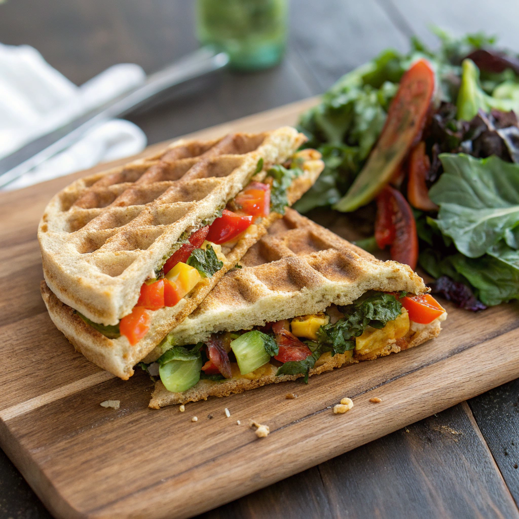 veggie waffle sandwich; a freshly assembled veggie waffle sandwich with a crispy outer layer and vibrant vegetable fillings served on a wooden board with a side of mixed gree