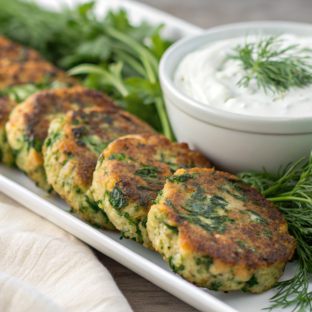 a platter of golden-brown spinach feta patties garnished with fresh herbs and served with a side of yogurt dip