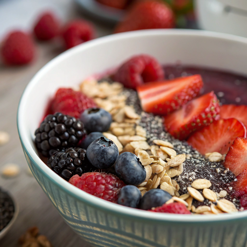 very berry smoothie bowl; a very berry smoothie bowl filled with a variety of fresh berries highlighting the antioxidant rich nature of the ingredients complemented by a sprink