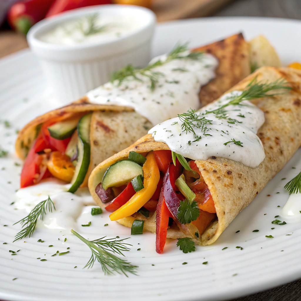 assembled mediterranean veggie crepe served with a creamy yogurt sauce and garnished with fresh herbs