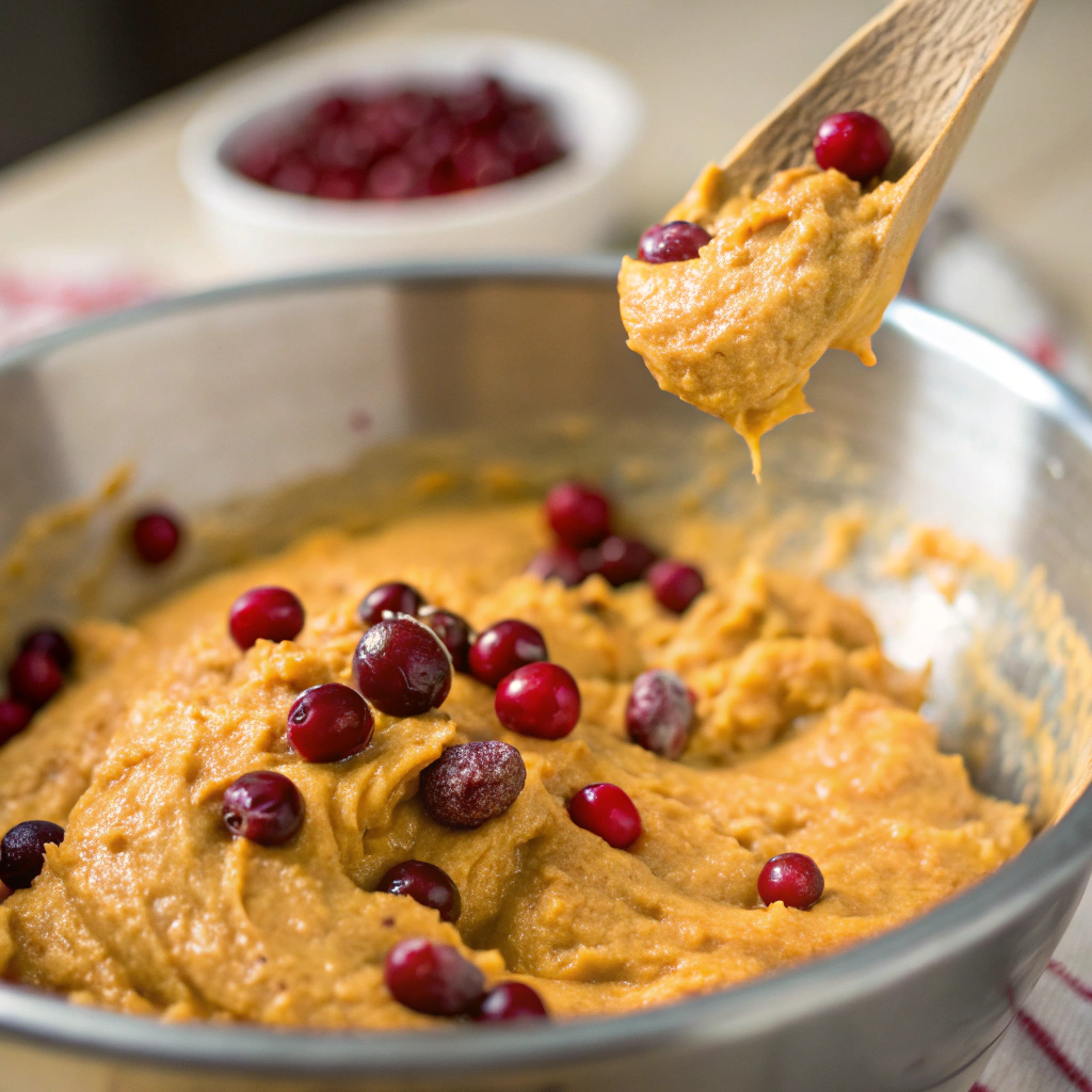 batter for pumpkin cranberry muffins with fresh cranberries being gently folded in to ensure even distribution