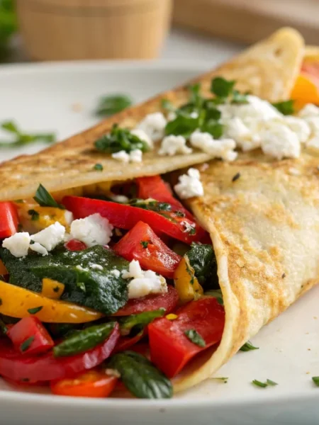 mediterranean veggie crepe sprinkled with feta cheese