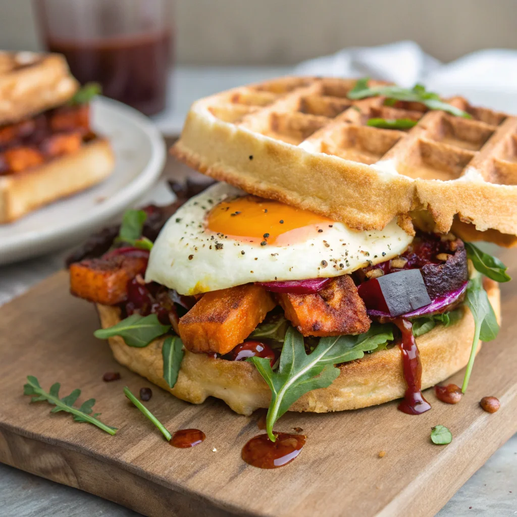 veggie waffle sandwich with sauce