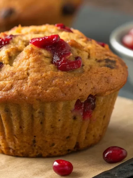 pumpkin cranberry muffin showcasing its golden brown top studded with vibrant red cranberries