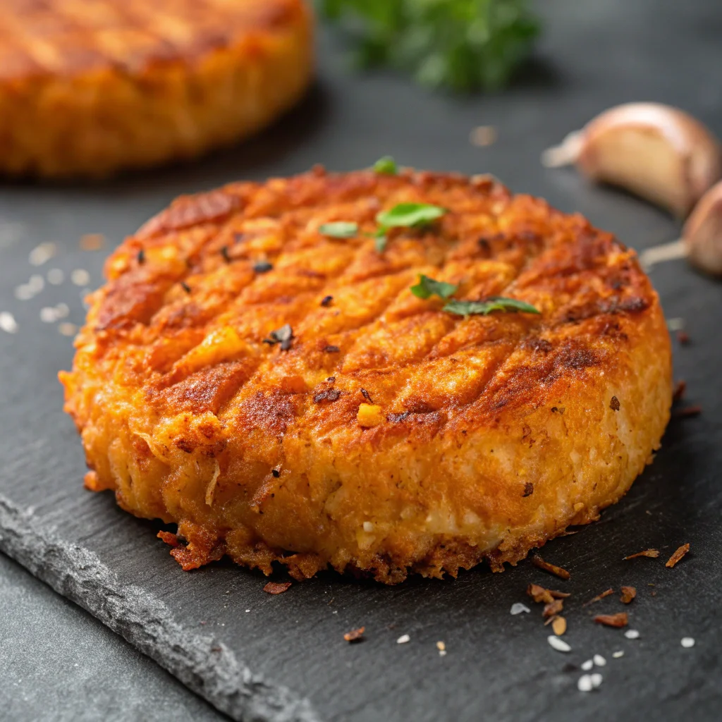 sweet potato hash browns; features close up of a single sweet potato hash brown patty golden brown and crispy on the edges showcasing the perfect texture and seasoning