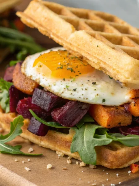 a veggie waffle sandwich showcasing layers of roasted sweet potatoes beets sautéed greens and a sunny side up egg