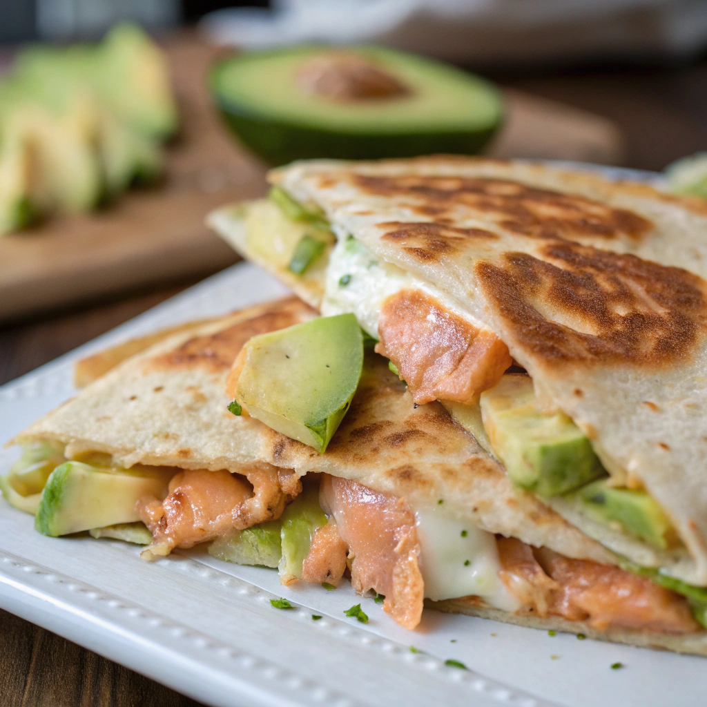 features a close-up of a golden-brown salmon and avocado quesadilla with melted cheese and fresh avocado slices