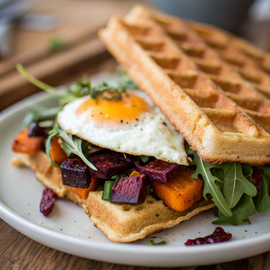 veggie waffle sandwich; features a close up of a golden brown veggie waffle sandwich with roasted sweet potatoes beets arugula and a perfectly cooked egg nestled between two