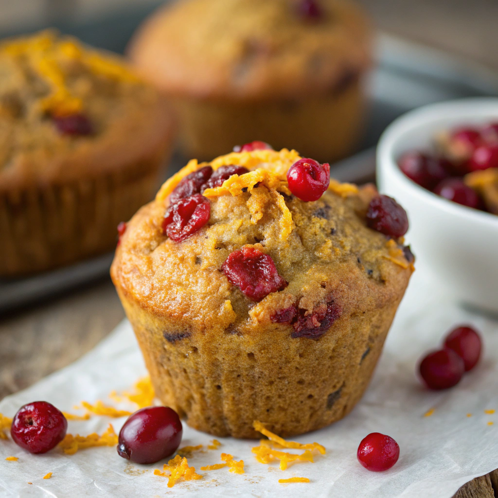 pumpkin cranberry muffin; features a close up of a single pumpkin cranberry muffin showcasing its golden brown top studded with vibrant red cranberries and a hint of orange zes