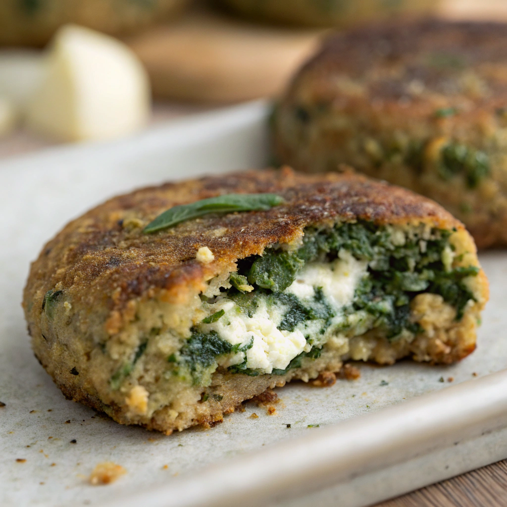 features a close-up of a single spinach feta patty, showcasing its golden-brown exterior and crumbly feta filling