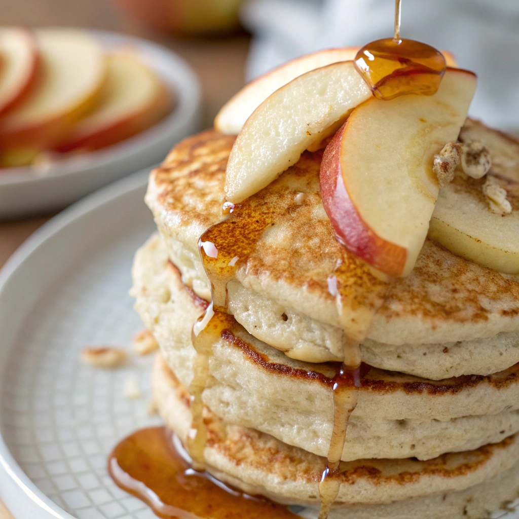 features a close-up of a stack of fluffy oatmeal apple pancakes topped with fresh apple slices and a drizzle of maple syrup