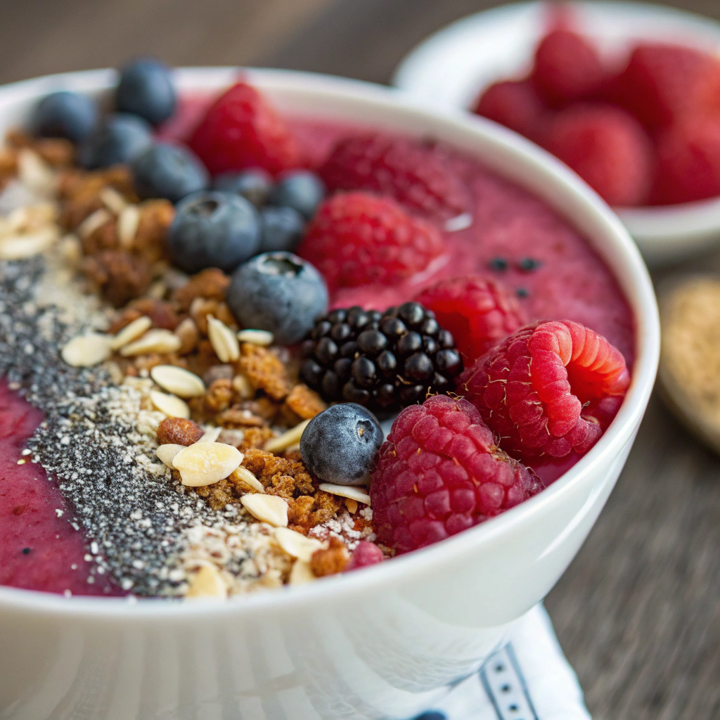 very berry smoothie bowl; features a close up of a very berry smoothie bowl showcasing vibrant mixed berries a creamy texture and an array of colorful toppings such as granola