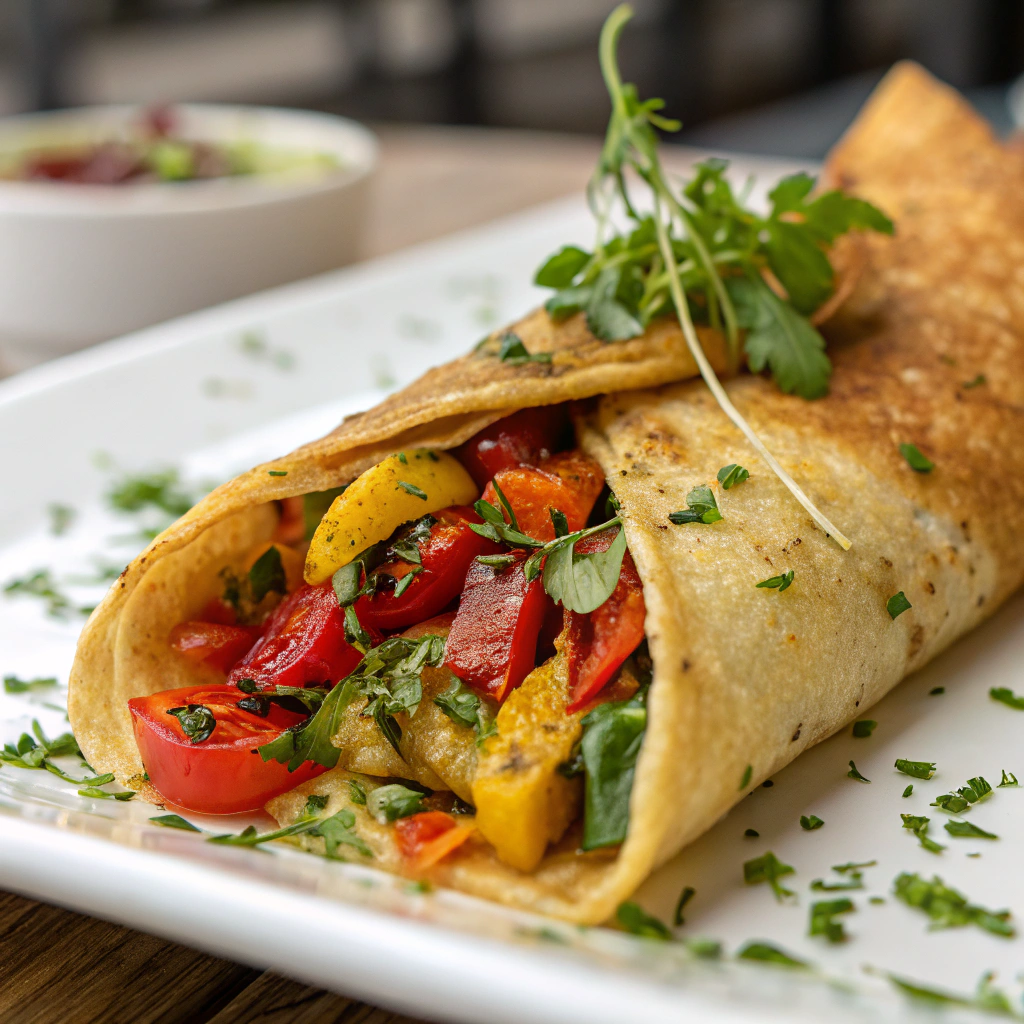 features close-up of a golden-brown Mediterranean veggie crepe filled with vibrant vegetables and topped with fresh herbs