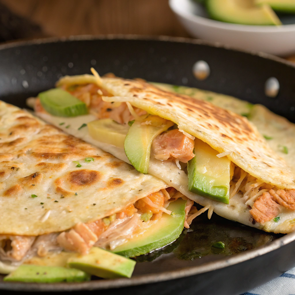 golden-brown salmon and avocado quesadilla being cooked on a frying pan with melted cheese